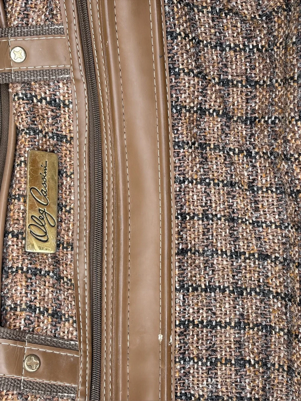 Vintage Oleg Cassini Tweed Travel Bag Suitcase Brown Weekender Shoulder Strap